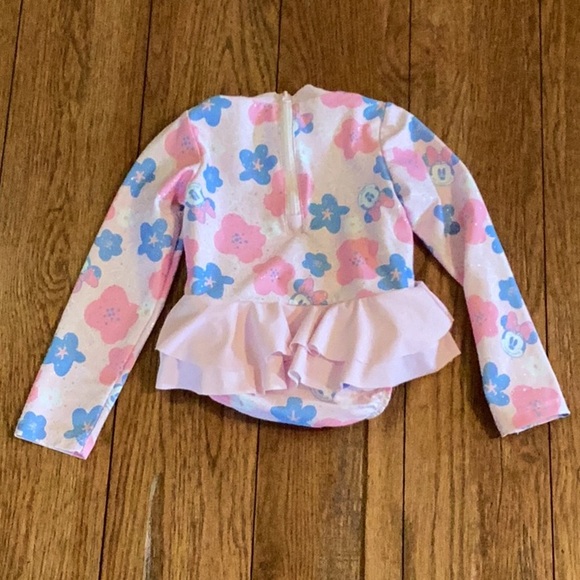 Disney Minnie Mouse pink sparkly floral long sleeve ruffled one piece swimsuit - Picture 5 of 16